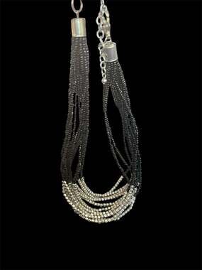 Vintage Multi-Strand Seed Bead Necklace Black and Silver Metallic